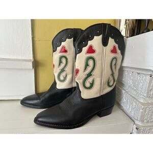 80s Laredo Double Heart Queen of Hearts VTG Cowboy Boots Leather Inlay Navy sz 6
